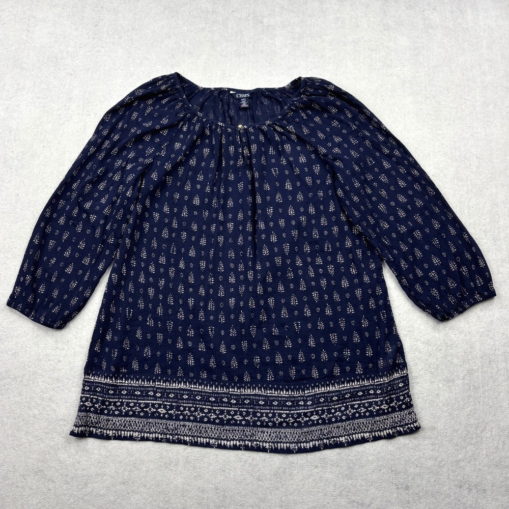 Chaps Navy Blue White Geometric Print Cotton Gauze Peasant Blouse Top Medium